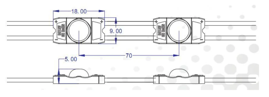 YS-M87631 LED Module Technical Drawing, 18×9×5mm Dimensions & 70mm Spacing
