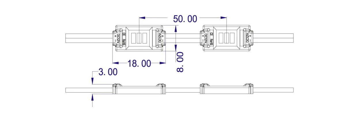 YYS-M88631 SMD3014 LED Module Dimensions: 18×8×3mm, 50mm Pitch, DC12V Size Guide