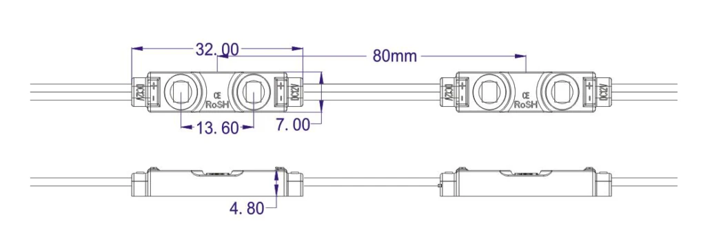 YS-M81221 SMD3528 2 LED Module technical drawing with dimensions: 32×7×4.8mm, 80mm pitch
