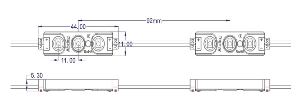 YS-M82231 SMD3528 3 LED Module Dimensions Drawing, DC12V 44x11x5.3mm LED Sign Module Size Specification