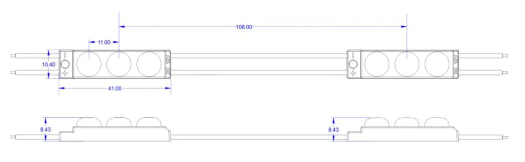 YS-M84331 SMD2835 3 LED Module Dimensions Drawing, 41x10.4x8.43mm Size Specification