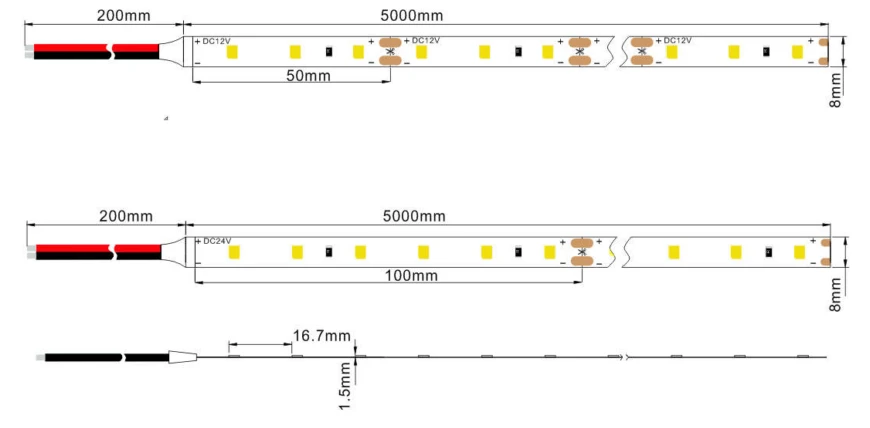YS-RN2835X60 SMD2835 LED strip lights dimensions specs