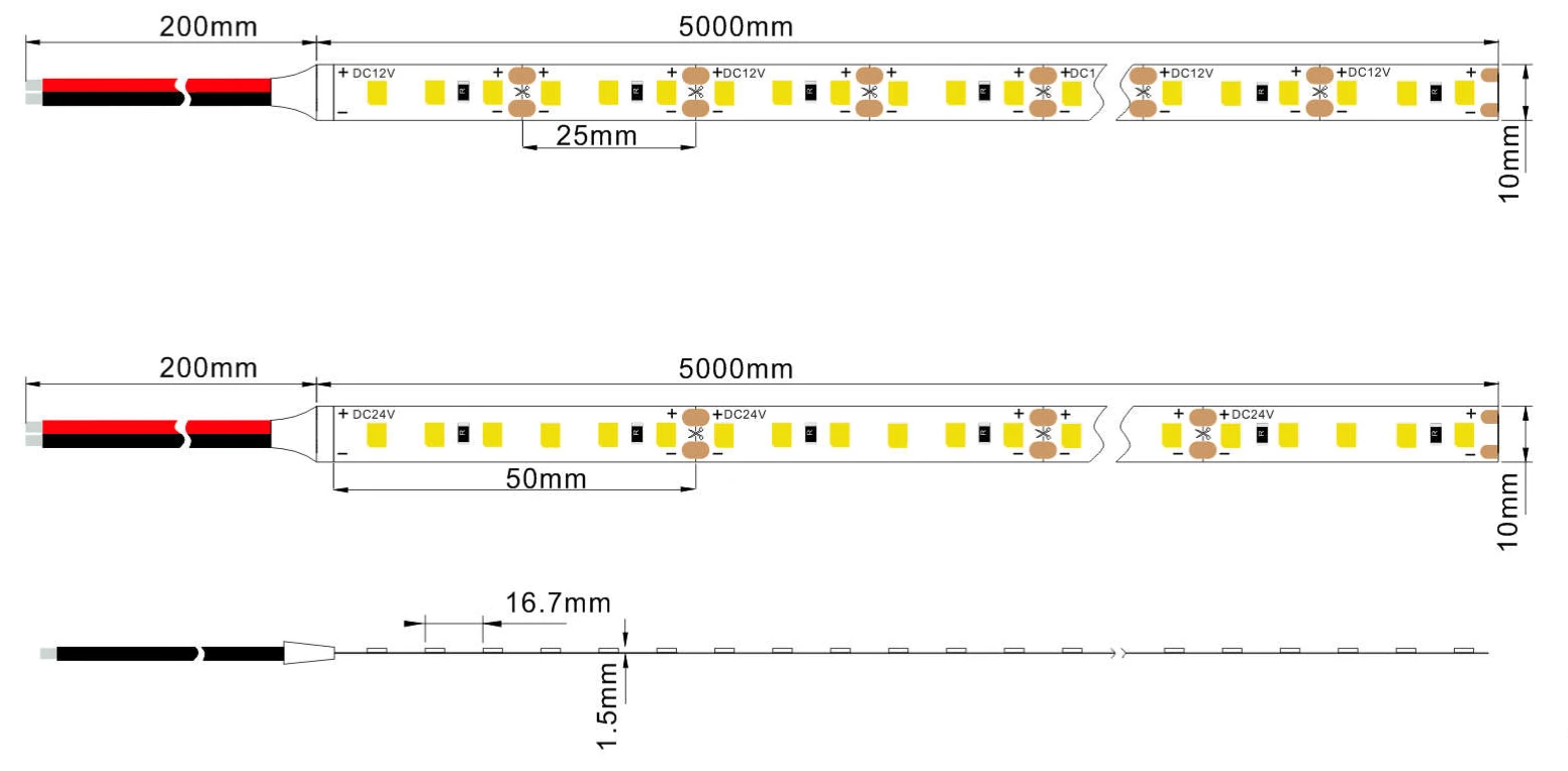 YS-RN2835X120 SMD2835 LED Strip Dimensions Diagram (DC12/24V)