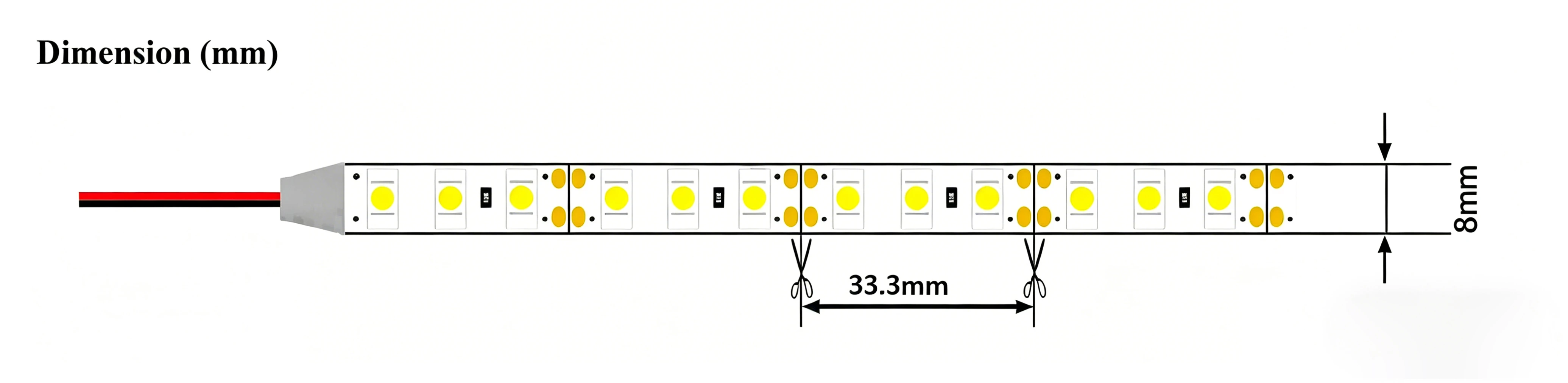 Dimensions & cuttable design of 3528 LED strip light (33.3mm cut)