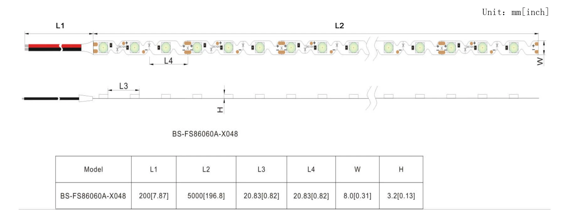 Model YS-FS86060A-X048 S-shaped LED strip specifications & dimensions