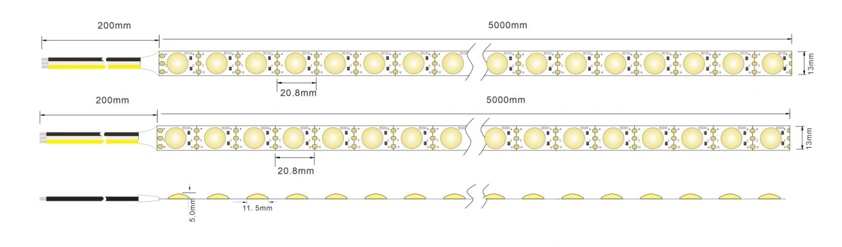 CCT Tunable LED Strip Dimensions & Specifications: 12V/24V DC, 5M Length