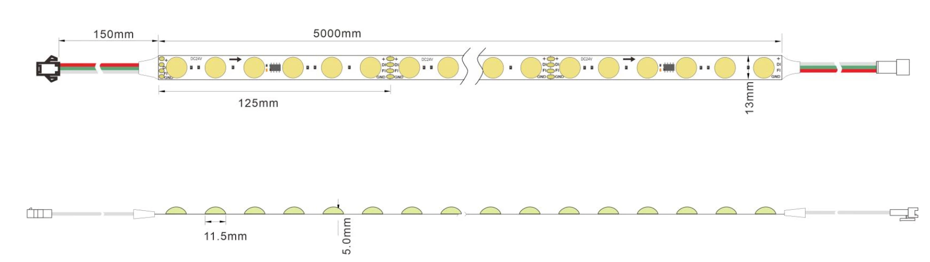 Dimensions & Cuttable Guide for 5M Addressable Pixel RGB LED Strip