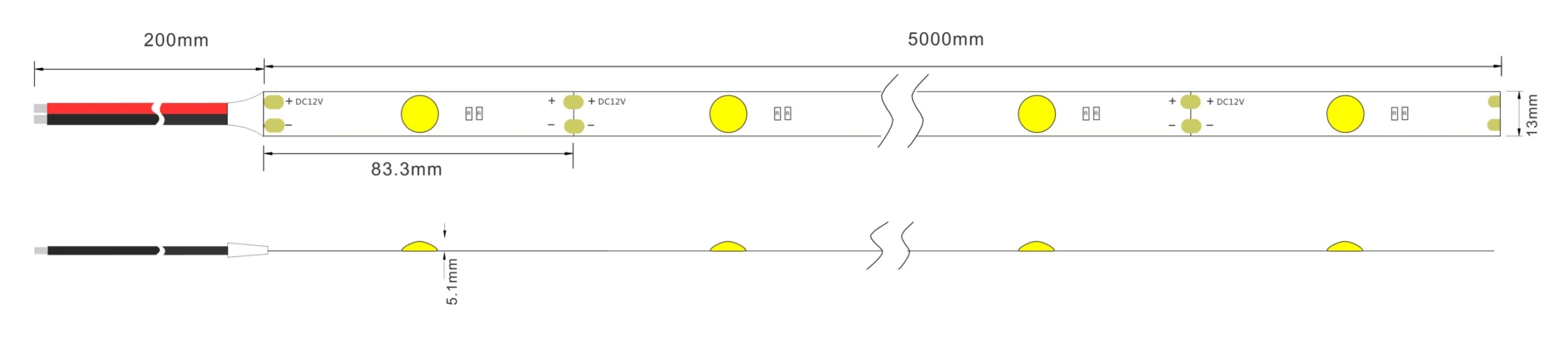 Dimensions diagram of YS-F032835A-W012T cuttable SMD2835 LED strip