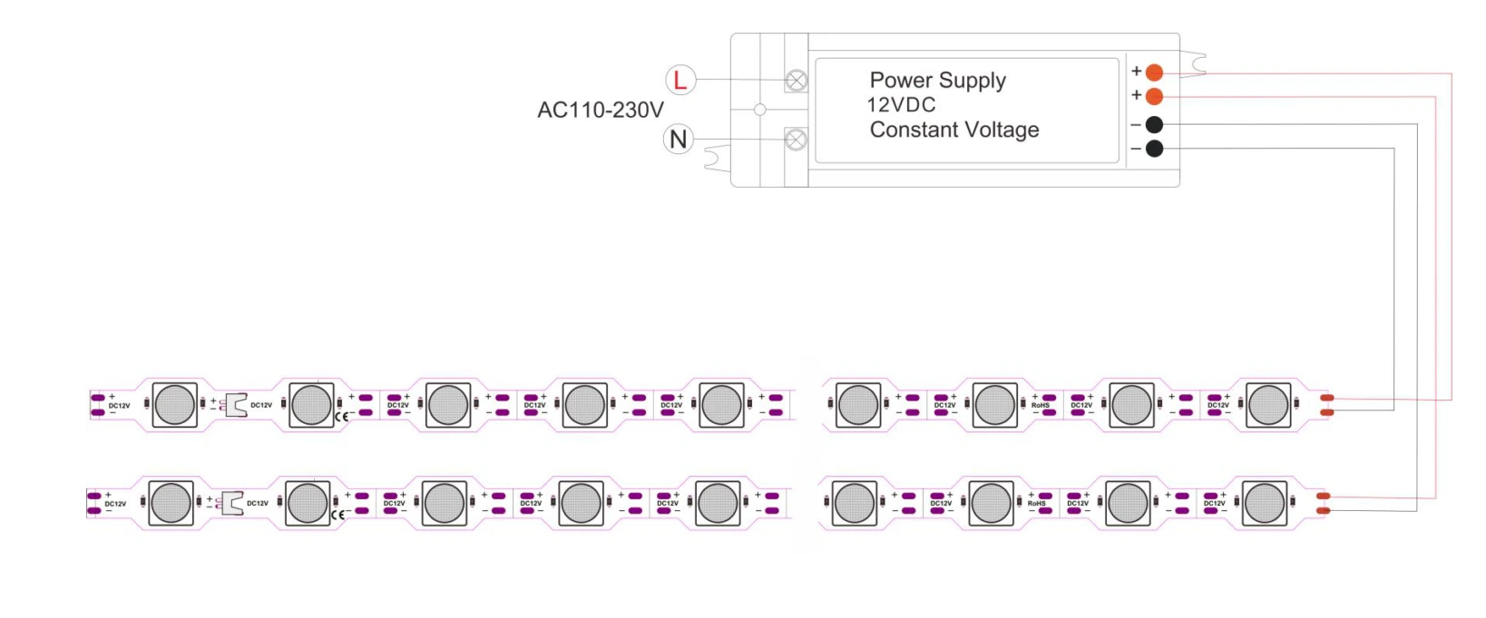 YS-RSD2385W18 side emitting LED strip wiring diagram: 12V DC constant voltage power supply connection