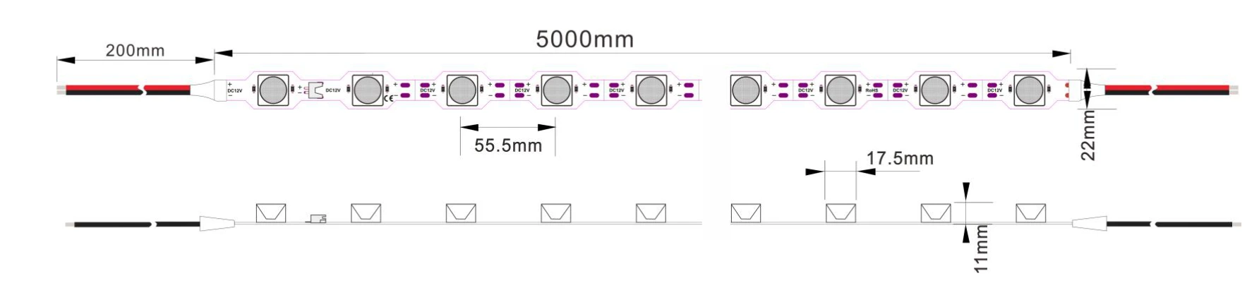 YS-RSD2385W18 side emitting LED strip dimensions: 5m length, 55.5mm LED pitch, 11mm width for light box installation