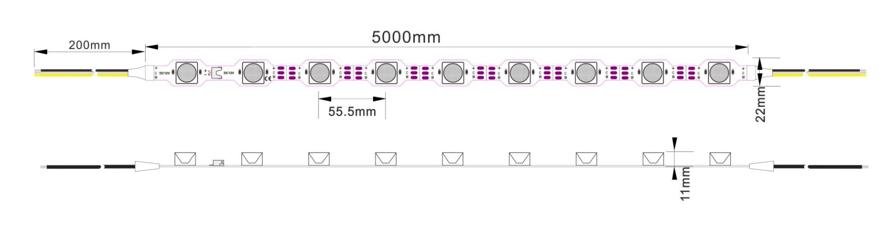 5-meter CCT LED light box strip specifications: 55.5mm pitch, 22mm width, 11mm thickness, 12V dimmable LED modules for advertising signage