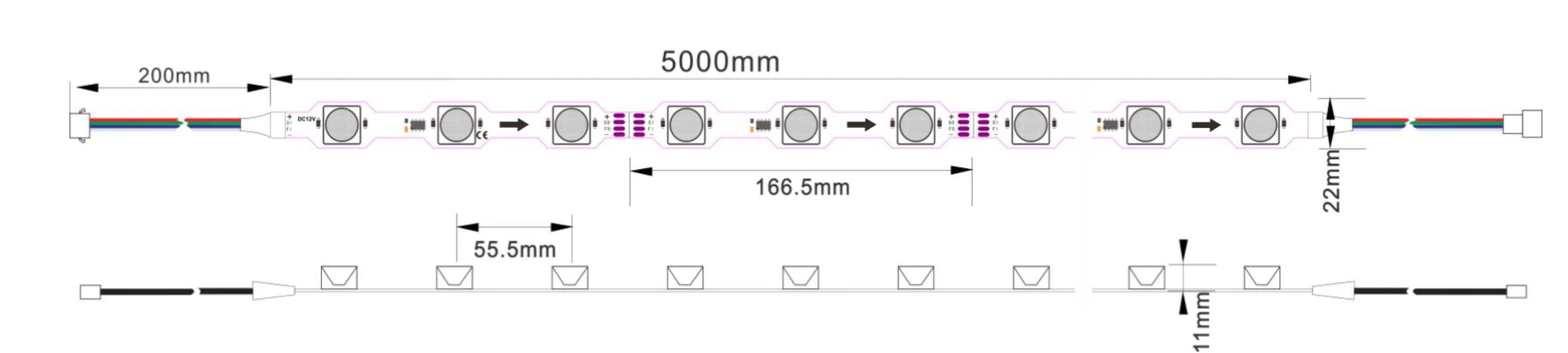 YS-RSD3030D318 addressable RGB LED strip light dimensions diagram, illustrating length, cuttable unit size, and key specifications for design and installation planning