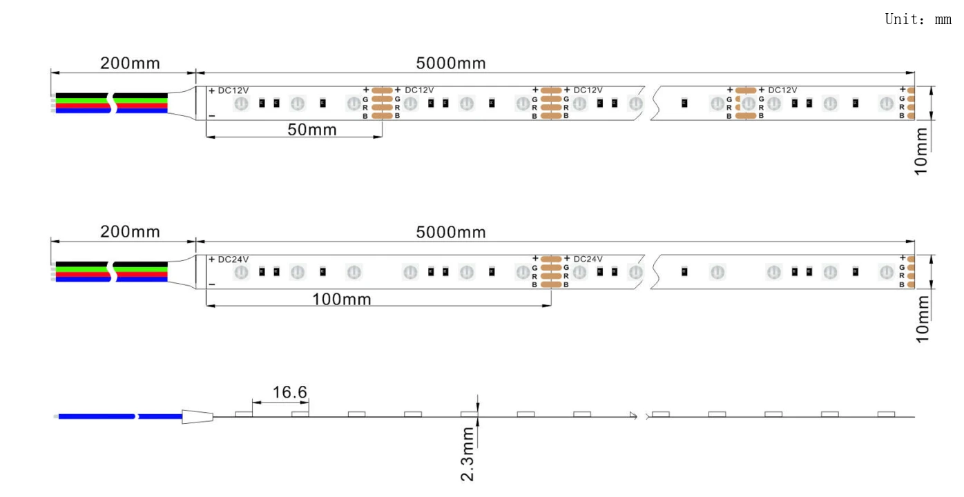 YS-RN5050Q60 SMD 5050 RGB LED strip lights specifications: 12V/24V DC, 60 LEDs/m, cuttable every 50/100mm, detailed dimensions and parameters