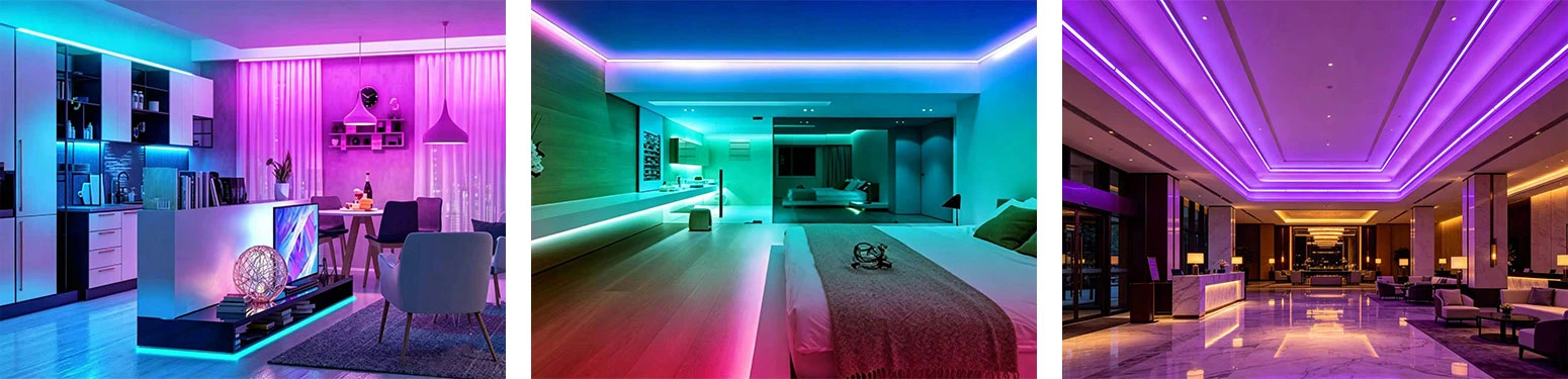 SMD 5050 RGB LED strip lights applications: indoor decorative lighting for homes, hotels, living rooms, bedrooms, and commercial spaces with vibrant color-changing effects