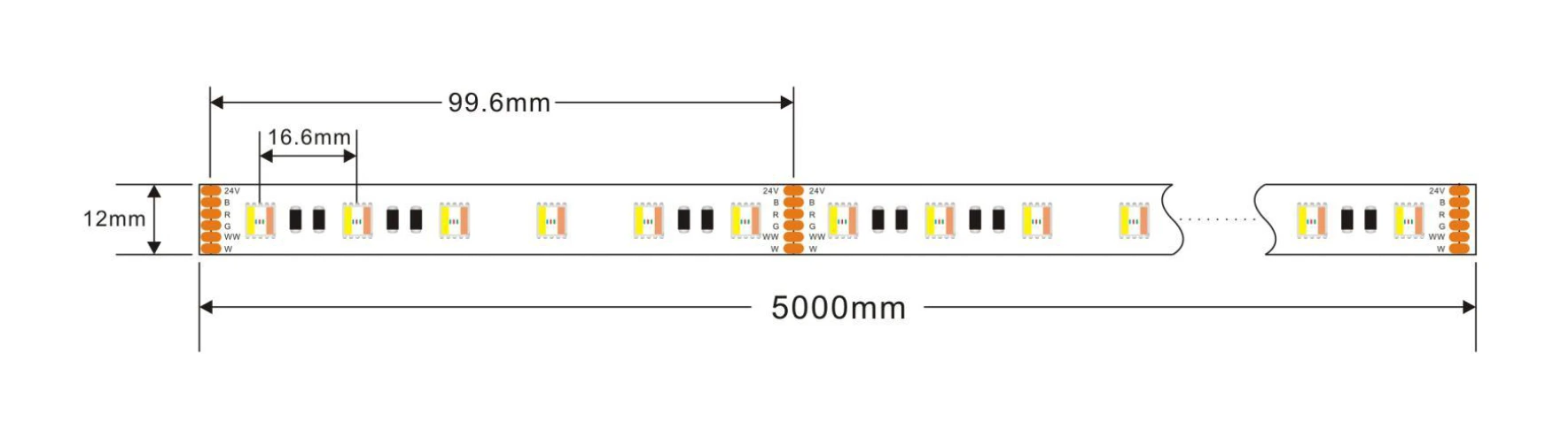 YS-RN5050Q560 5050 RGBWW LED strip light dimensions: 12mm width, 5m length, 60 LEDs/m, 24V DC