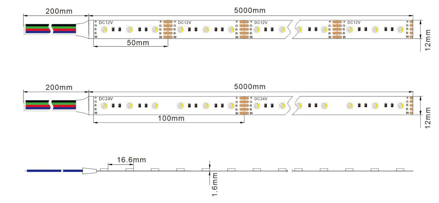 Dimensions of YS-RN5050Q460 RGBW LED strip: 12V/24V versions, 50mm/100mm cuttable units, 5m reel length