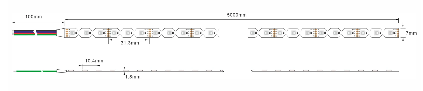 YS-FS023838Q-RGB096 3838 RGB LED Strip Light Dimensions Diagram: 5000mm S-Shaped Bendable Strip Specs