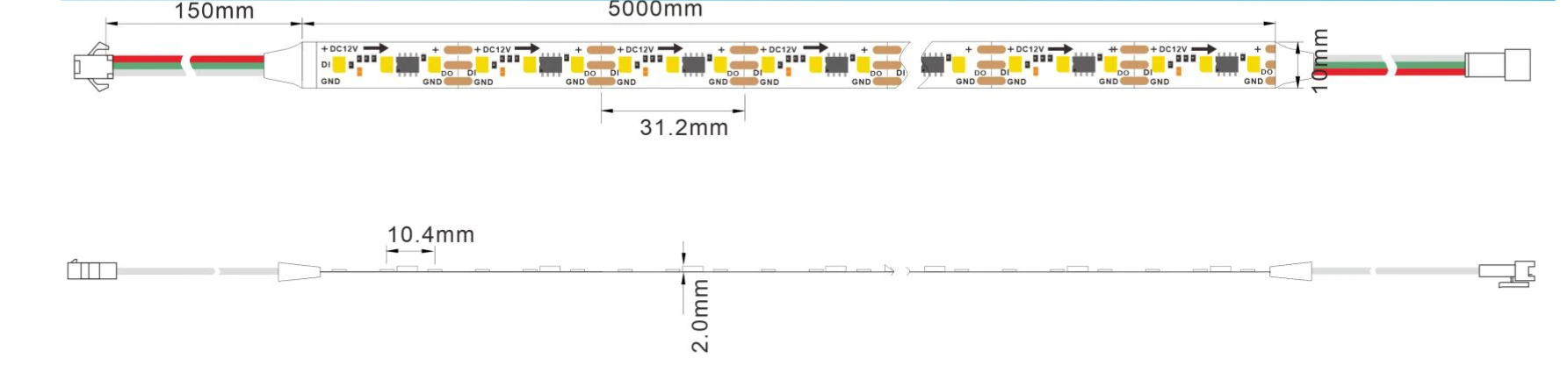 DC12V Addressable Single Color LED Strip Light Dimensions - 5M Length, 2835 SMD, 31.2mm IC Spacing, 2mm Width