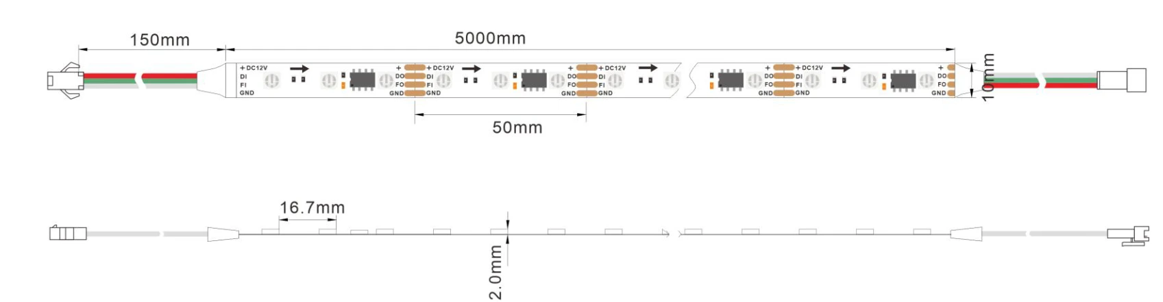 YS-FBL10-5050-RGB60 TM1934 LED Strip dimensions diagram: 5m length, 10mm width, 16.7mm pixel pitch specs