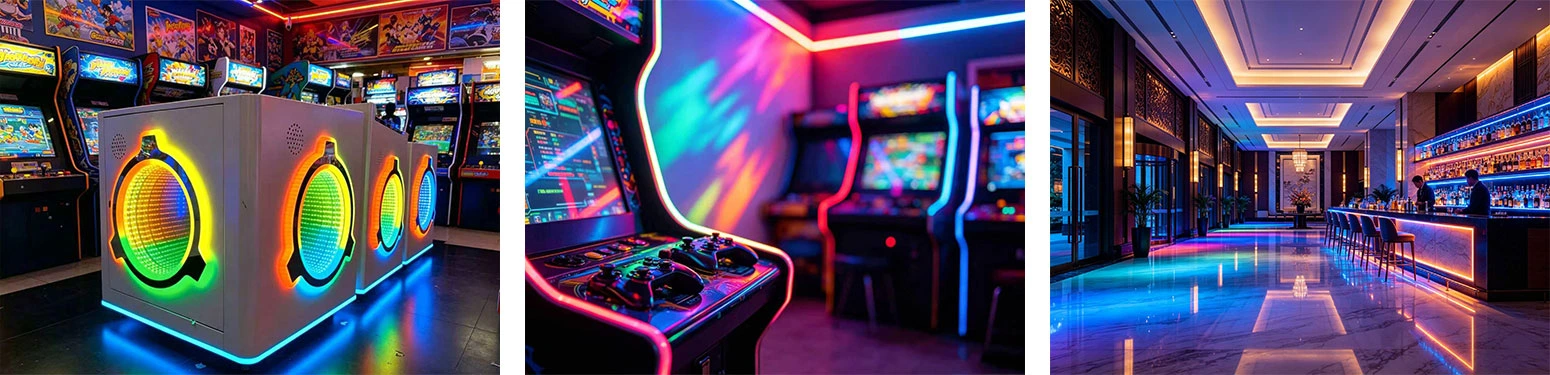 TM1934 RGB LED Strip application examples: arcade machine, KTV, hotel lobby, game hall decorative lighting effects