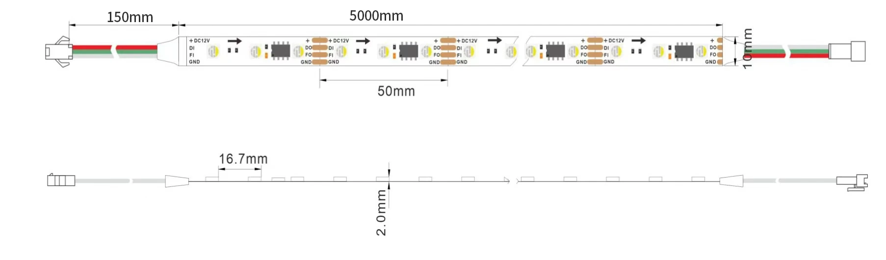 YS-FBL10-5050-RGBW60 Addressable RGBW LED Strip Lights Dimensions, DC12V, 5M Length