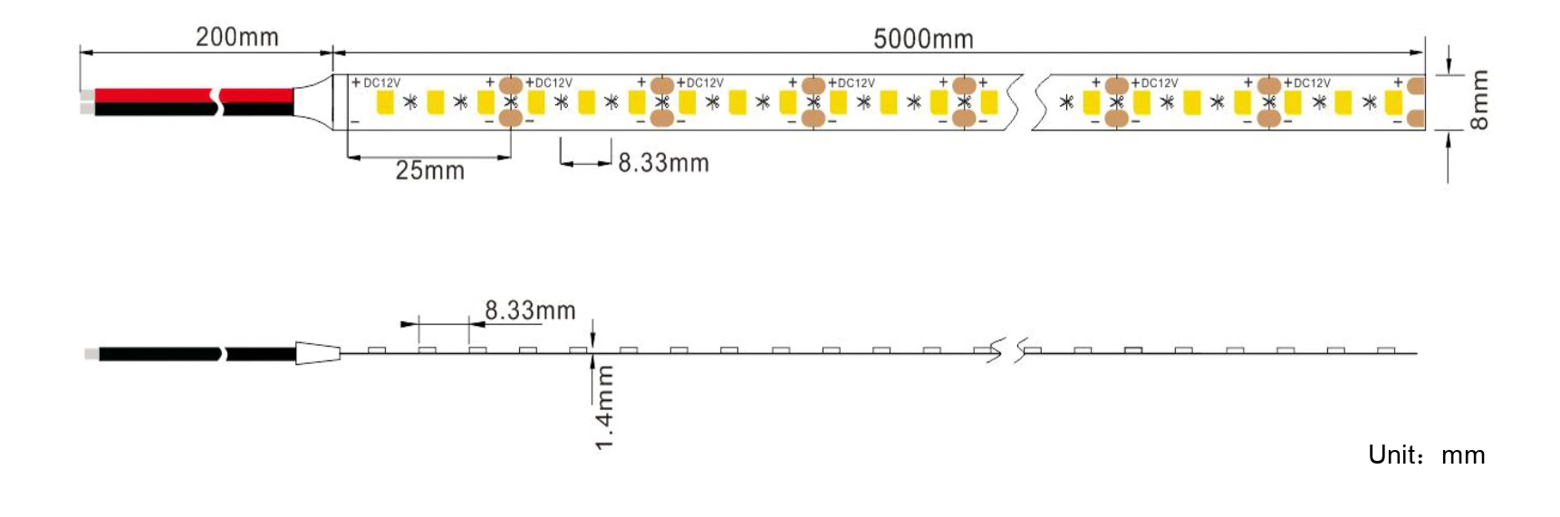 YS-FE082835A-W120 LED Strip Lights Dimensions Diagram, 5M 120LEDs/m Specs