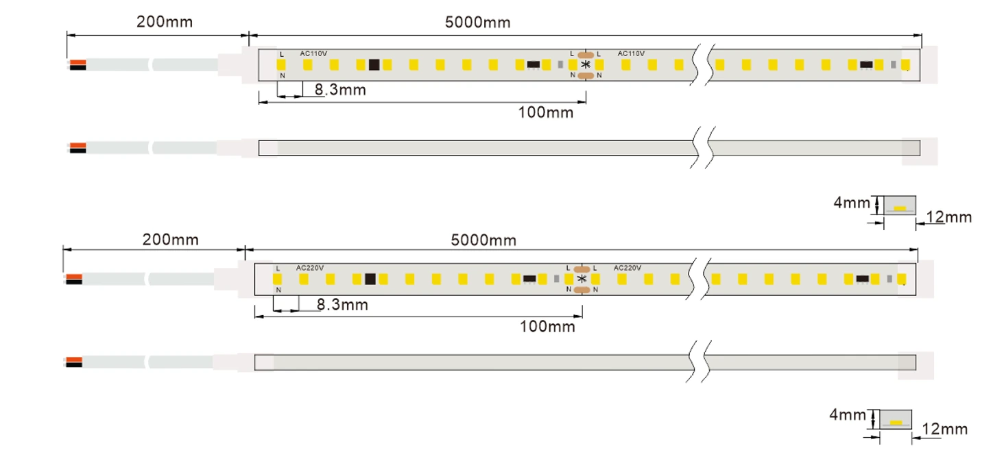 High Voltage Silicone LED Strip Lights Dimensions Diagram (AC110V/220V)