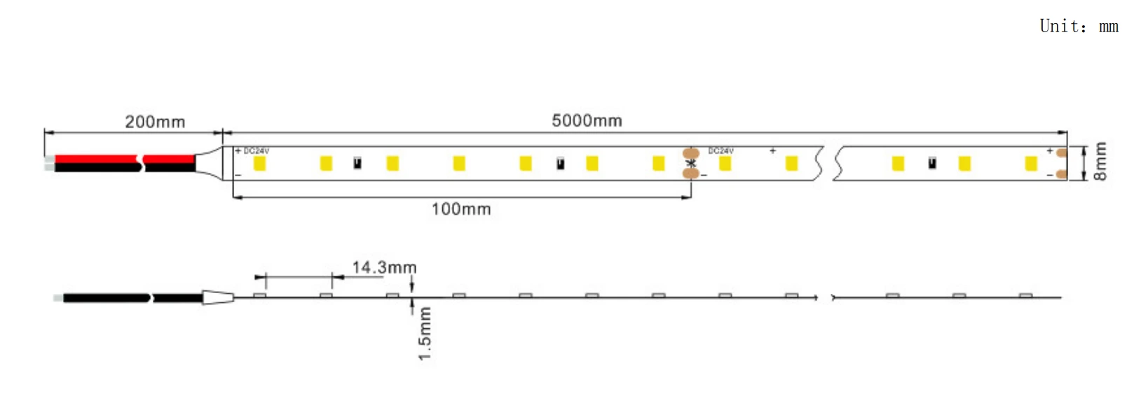 70LEDs/m LED strip size drawing with length, width and lamp spacing data