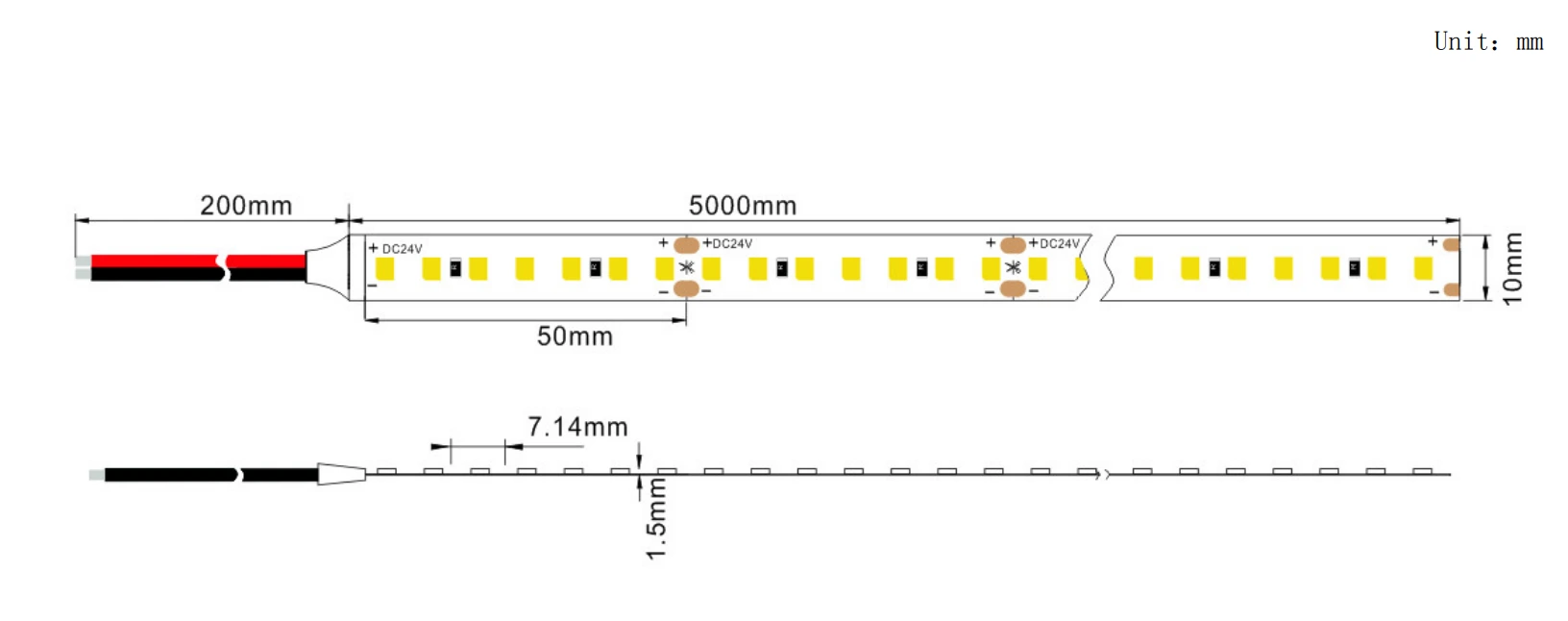 140LEDs/m DC24V High Efficiency LED Strip Light Dimensions, 100mm Cuttable, 5M Roll