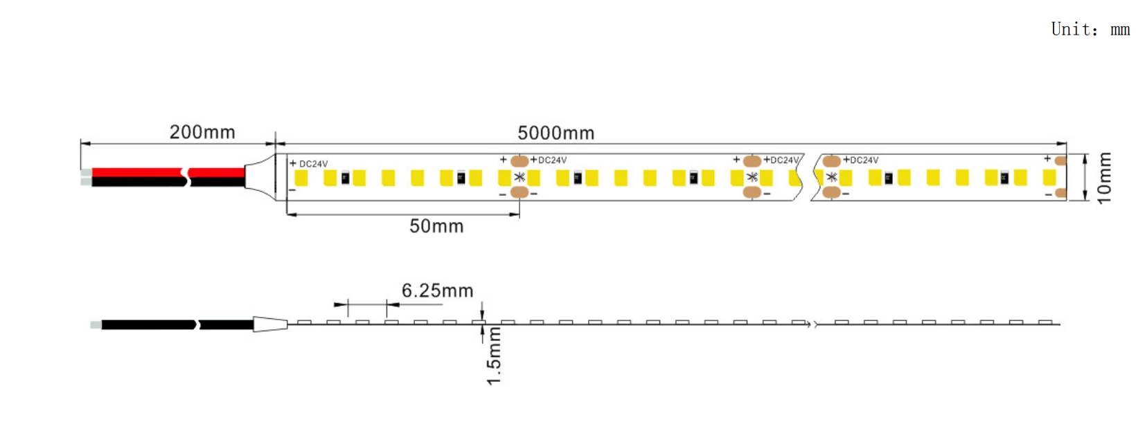 Bright Linear LED Strip Lights Dimensions Diagram (DC24V, 10mm Width)