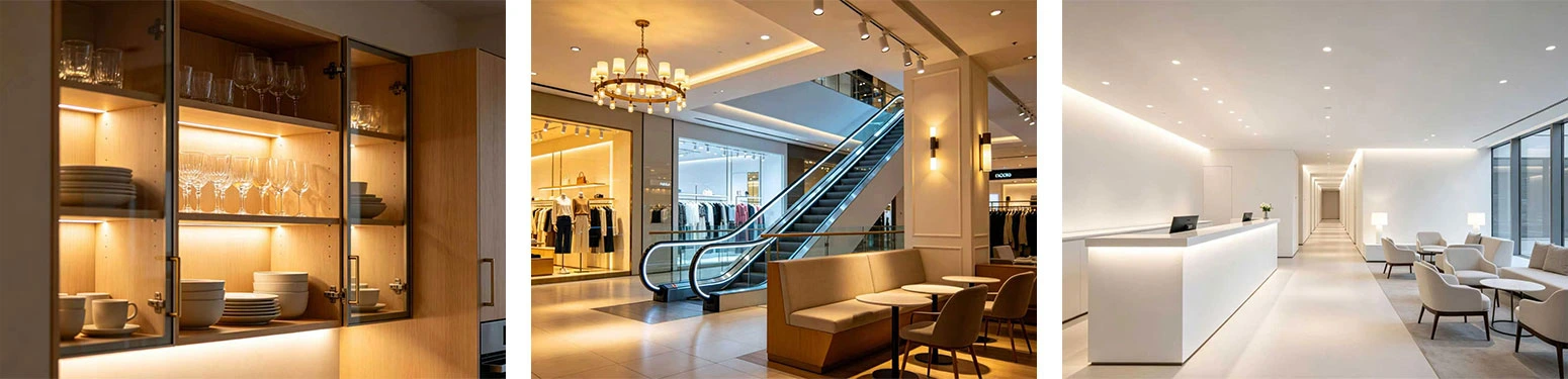 SMD2216 LED Strip Lights Application Scenarios, including cabinet lighting, shopping mall & retail store illumination, hotel lobby and corridor indirect decorative lighting