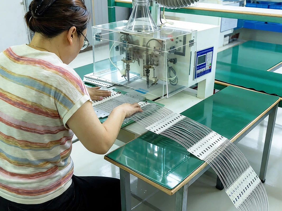 Worker soldering wires for LED module assembly