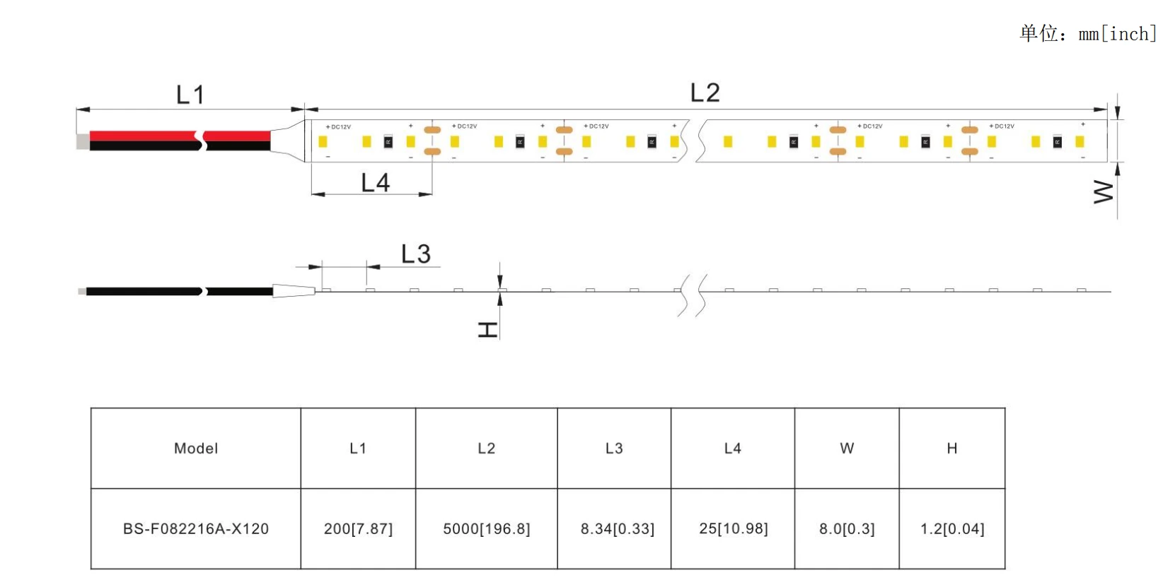 120LEDs/m SMD2216 LED strip lights dimensions, model BS-F082216A-X120