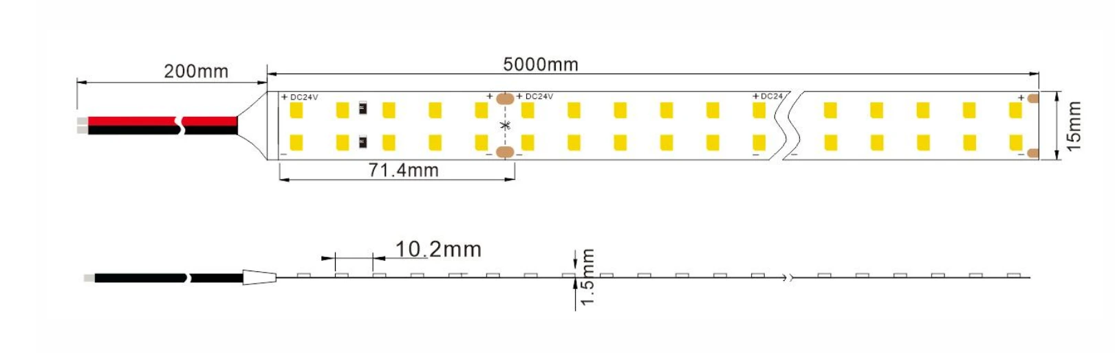 Dimension specification drawing of double row DC24V SMD LED strip light, 5meter length cuttable PCB layout