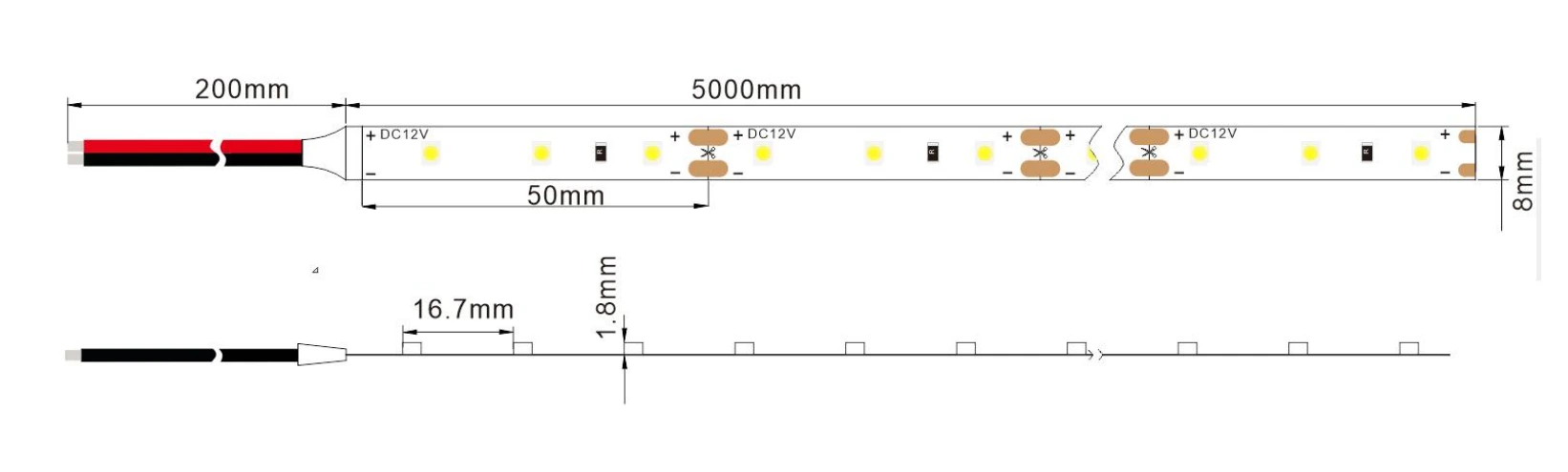60LED/m 3528 LED strip dimension drawing,8mm width flexible PCB light tape parameter specs