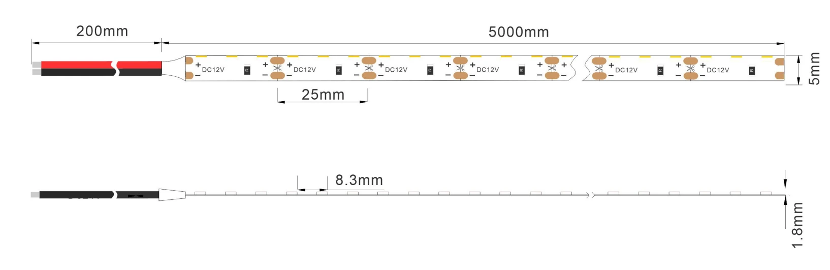 Dimension specification drawing of side-emitting 3014 LED strip