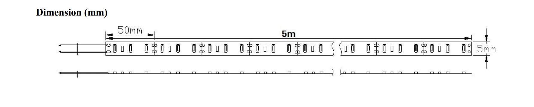 Dimension drawing for 5mm width 5m/reel 3014 SMD flexible LED strip light