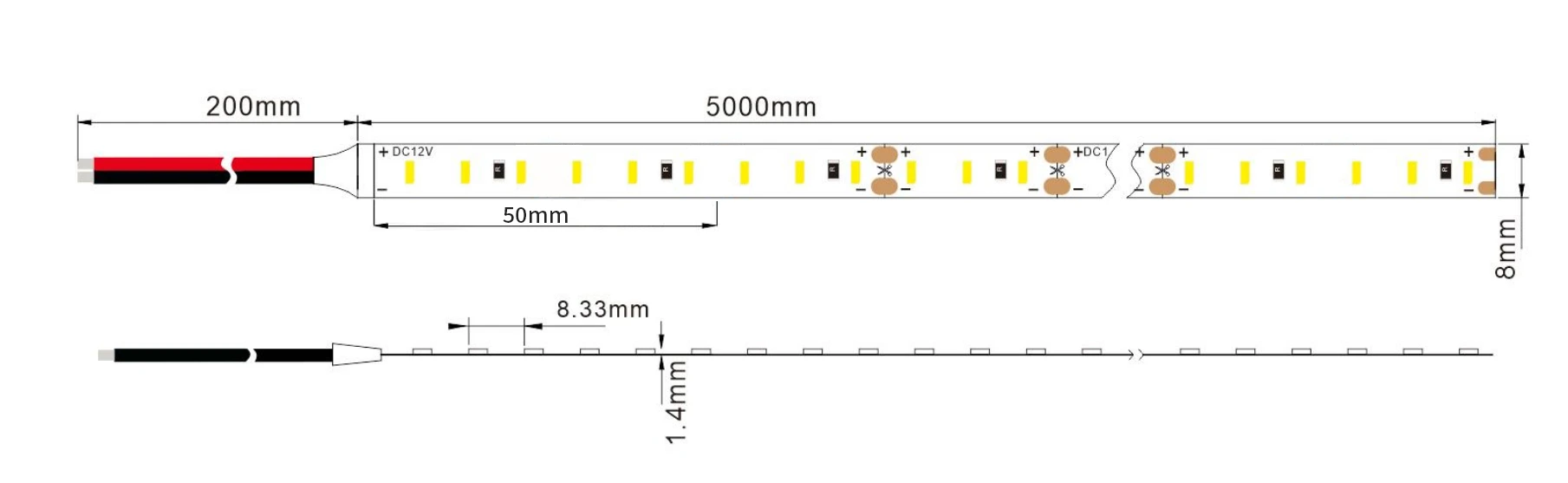 Dimension specification drawing for 120LEDs/m 3014 SMD flexible LED strip lights