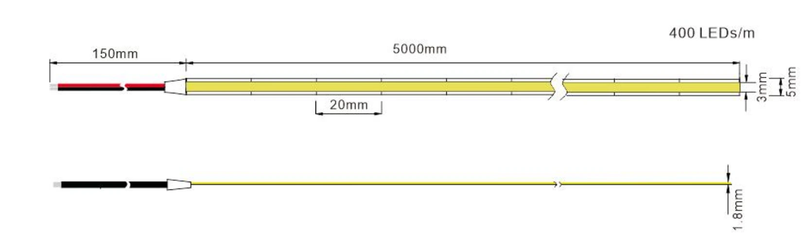 Slim 3mm/5mm width COB LED strip dimension drawing, 400 LEDs per meter specification