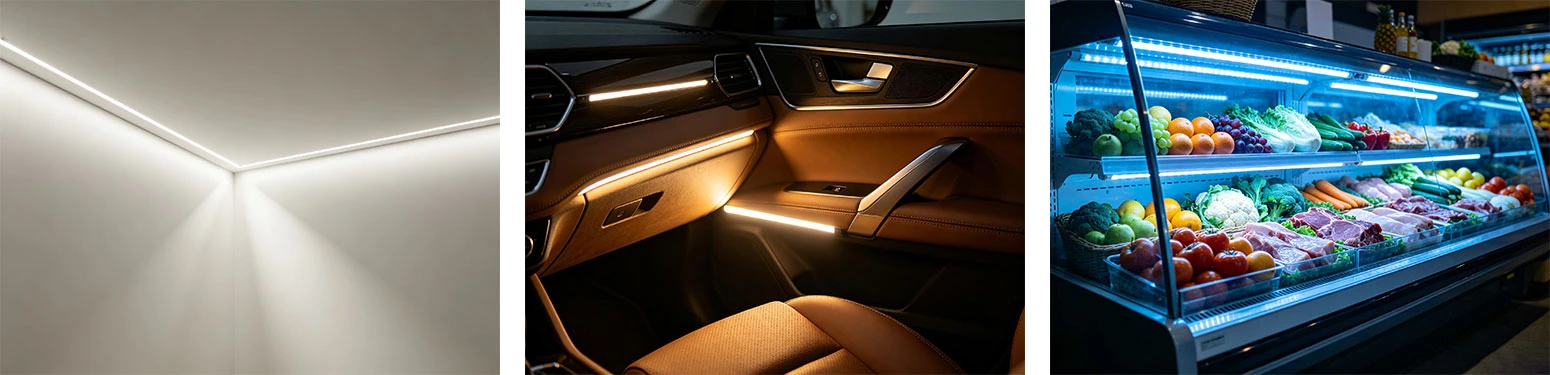 COB LED strip application for ceiling cove, car interior and supermarket fridge lighting