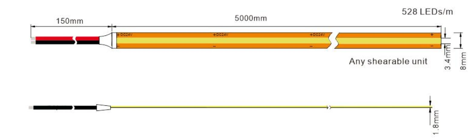 8mm Width DC24V COB LED Strip Dimension Drawing, 528 LEDs/m Cuttable