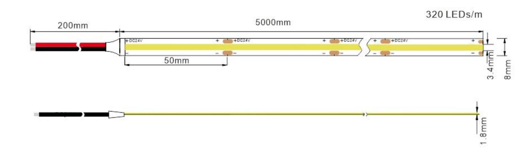 24V COB LED light strip dimension drawing with cutting marks and wire specs