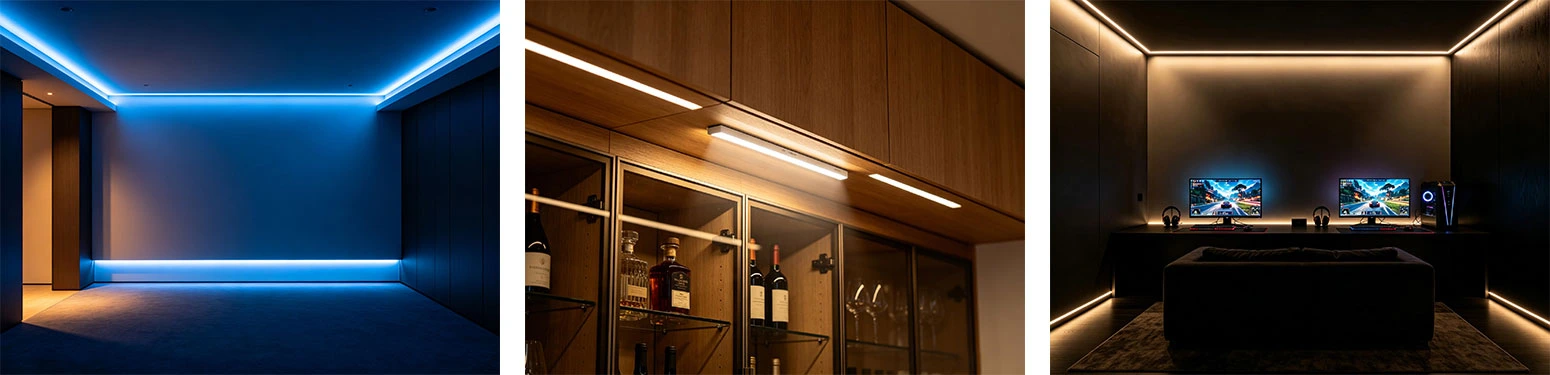 Indoor ambient lighting application of 24V COB LED strip for ceiling cabinet game room