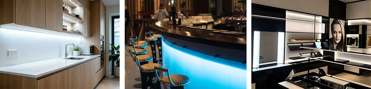 DC24V long cascade COB LED strip light application for kitchen cabinet bar counter display cabinet lighting
