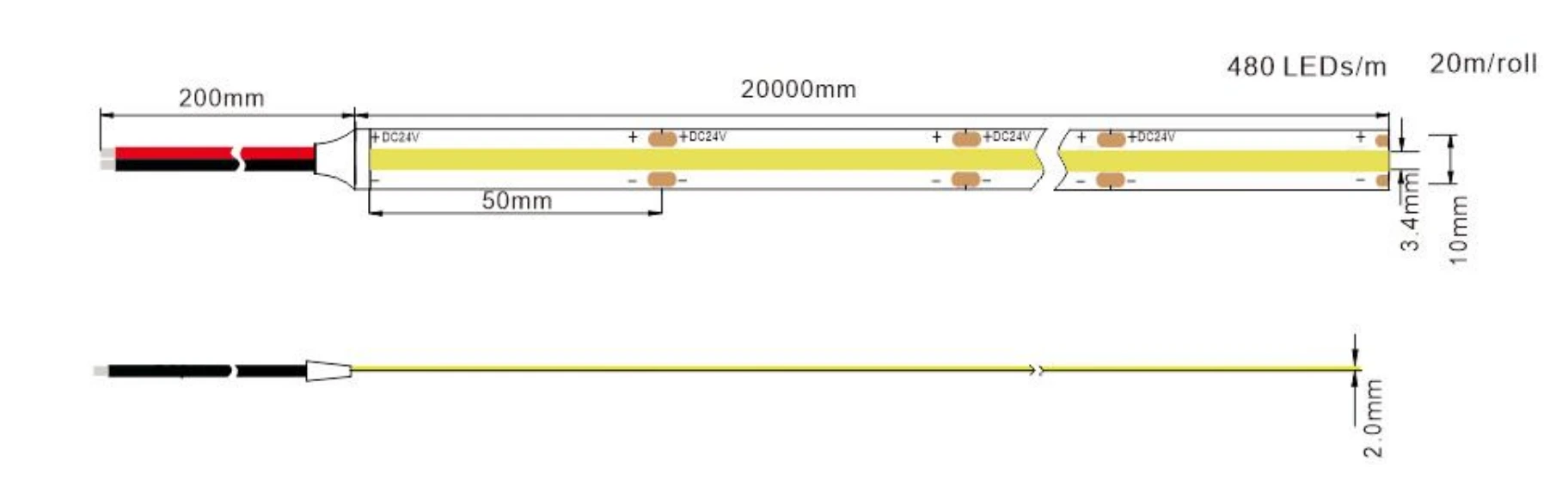 Long Cascade DC24V COB LED Strip Light dimension drawing, 20m roll 480 LEDs/m cuttable at 50mm