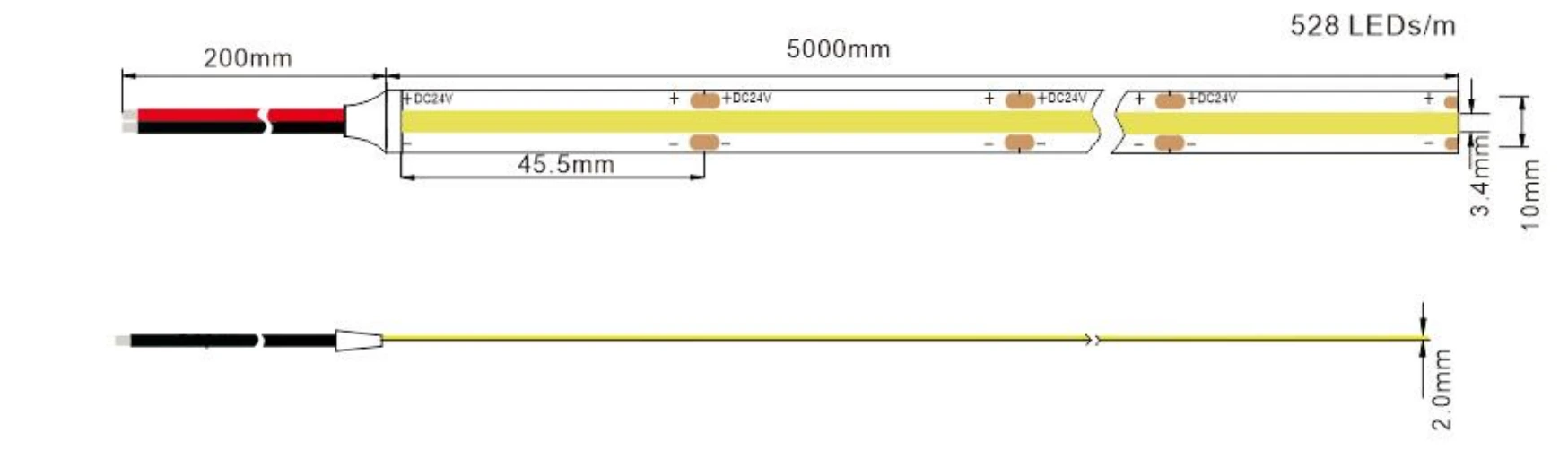 10mm width DC24V COB LED strip light dimension drawing with cuttable marks