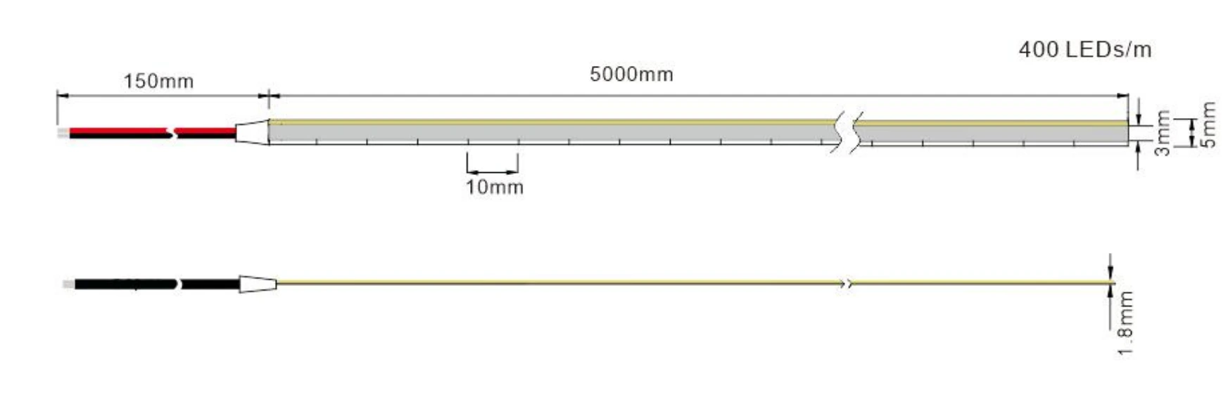 400LED Side Emitting COB LED Strip Light Dimension Specification Drawing