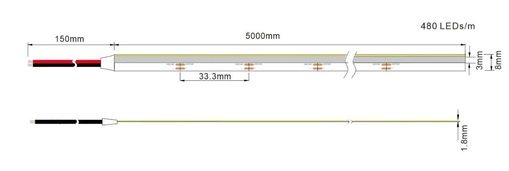 8mm Side Emitting COB LED Strip Light Dimension Drawing, 480 LEDs/m 24V Cuttable Size Diagram
