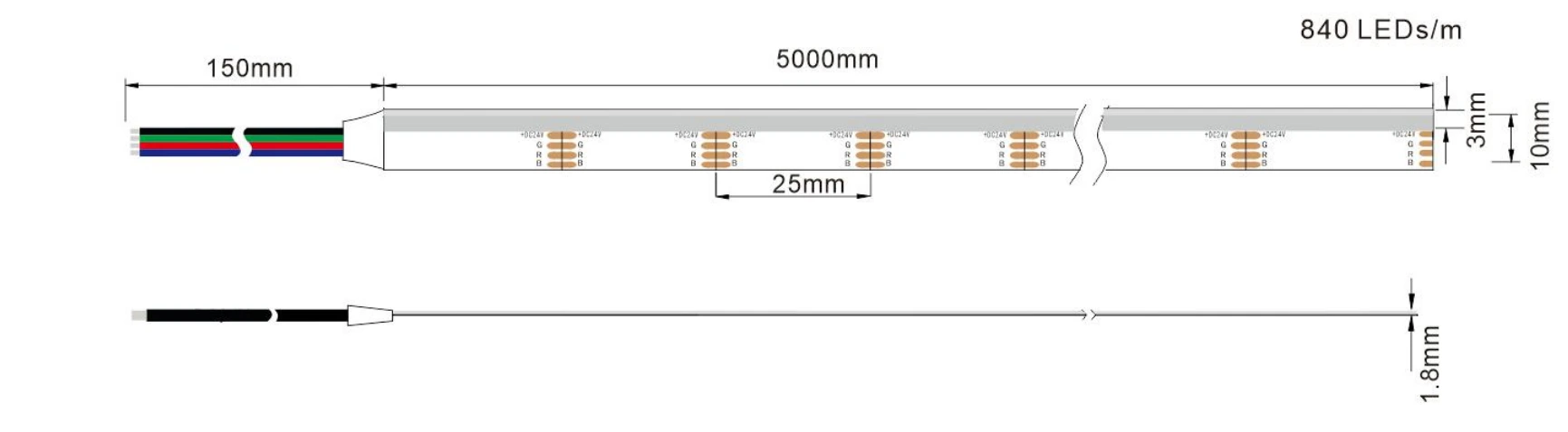 Dimension Drawing of DC24V Side-Emitting RGB COB LED Strip Light 840 LEDs/m