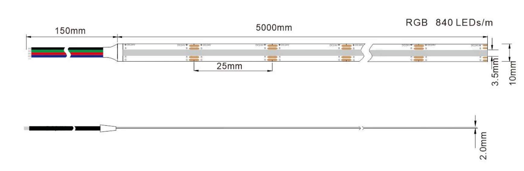 Dimension Drawing of DC24V RGB COB LED Strip Light 840 LEDs/m